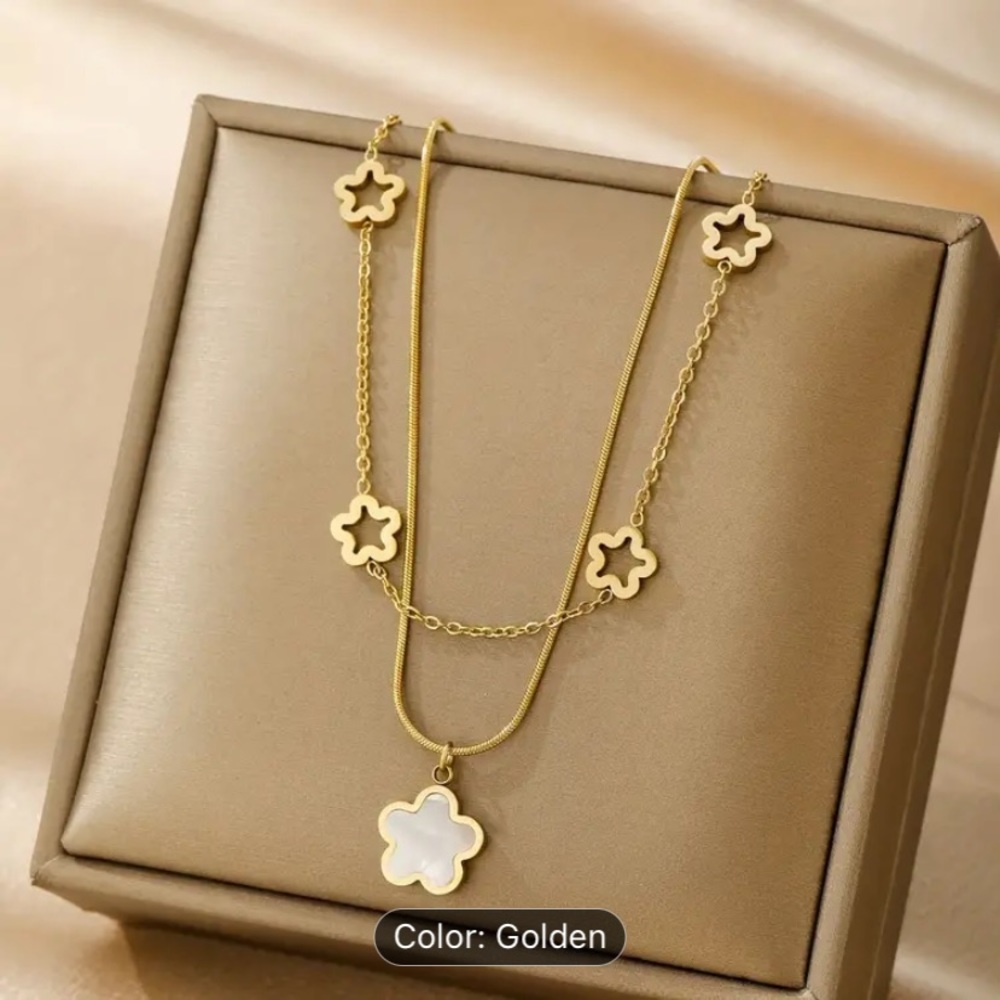 1pc Golden Stainless Steel Shell Flowers Double Necklace‎ Pendant For Women